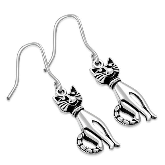 Earrings --Kitty Cat Sterling Silver Dangle Drop Hook - Picture 1 of 3
